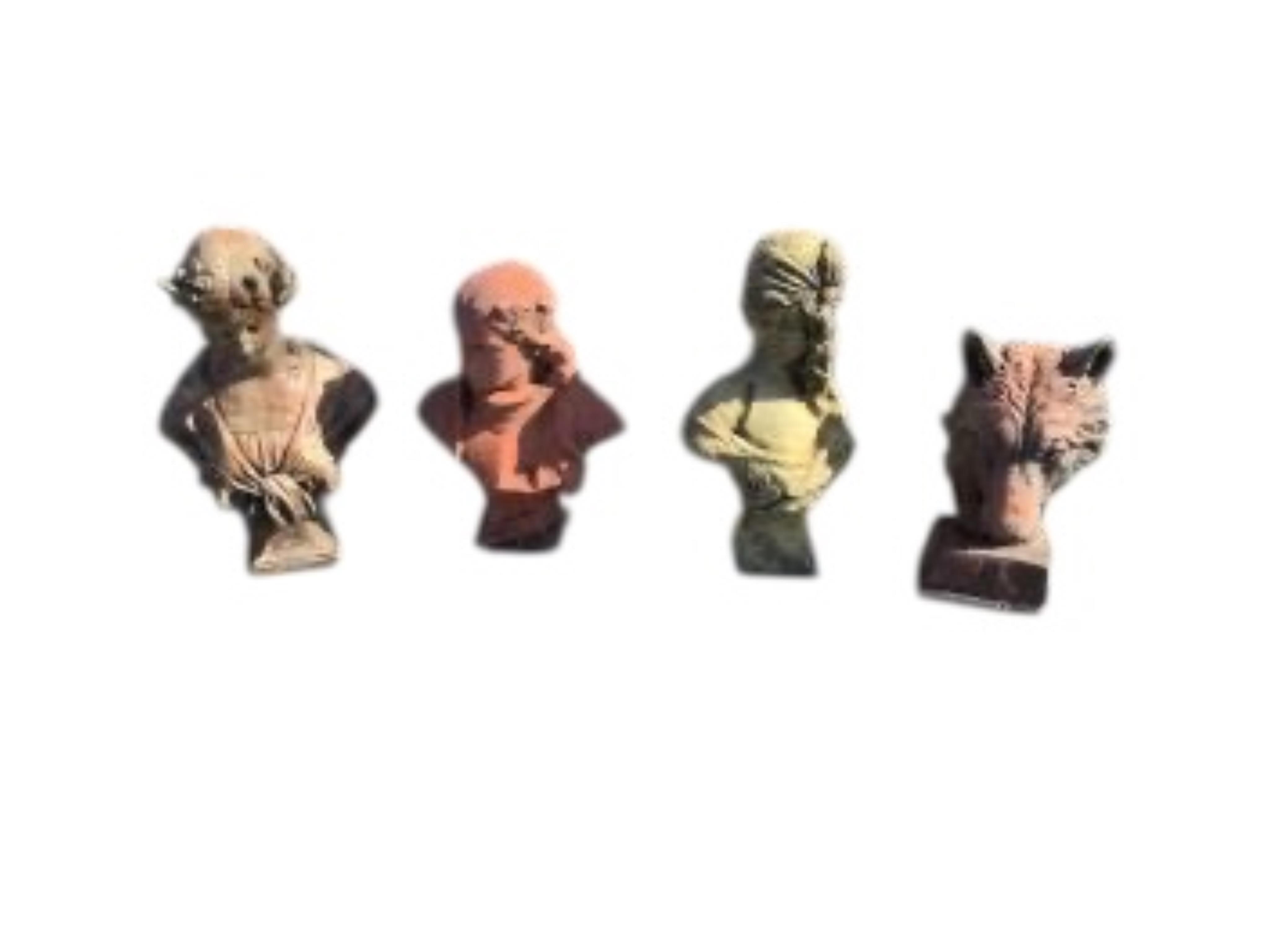 Four cast stone and terracotta garden busts, largest height 46cm